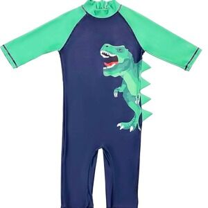 LIZENS. Boys Rashard one piece swimwear. Green dinosaur. UPS 50+ sun protection.